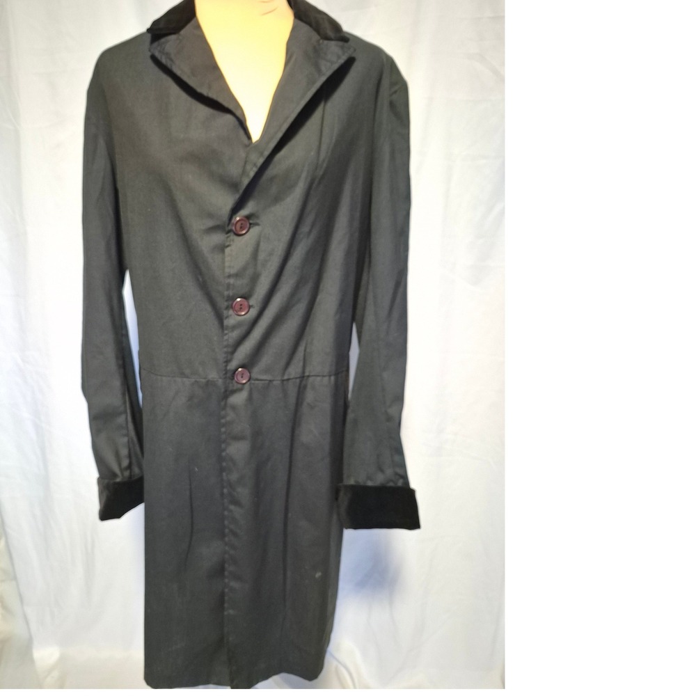Vintage 70s Rosebud Dresses Black Trench Coat Velvet Trim Steampunk Gothic